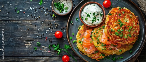 homemade pancakes cooked with potatoes. Rösti with sour cream, smoked salmon, and a rustic wooden backdrop. Swiss food prepared traditionally. photo