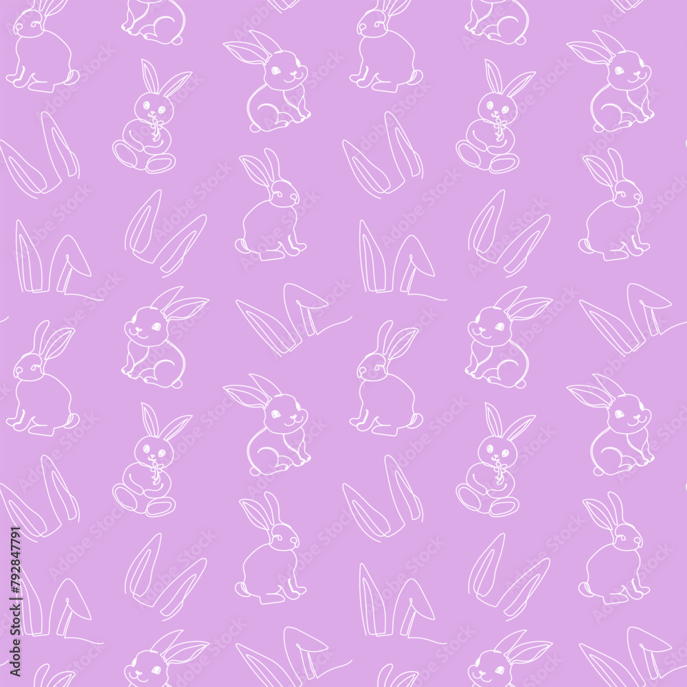 Seamless pattern of hand-drawn rabbits and ears. Festive Easter bunnies design. Continuous one line drawing. Isolated on pink backdrop. For Easter decoration, wrapping paper, greeting, textile, print Seamless pattern of hand-drawn rabbits and ears. Festive Easter bunnies design. Continuous one line drawing. Isolated on pink backdrop. For Easter decoration, wrapping paper, greeting, textile, print