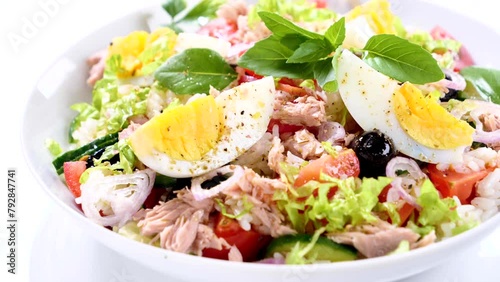 fresh rice salad with egg, tuna, onion, basil
