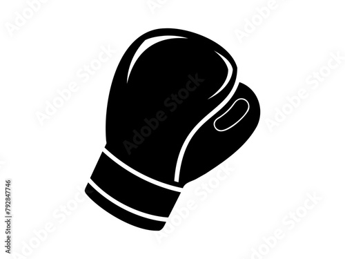Black boxing glove silhouette. Black and white graphic art of sporting glove. Icon, logo, sign, pictogram, print. Concept of sports equipment, powerful punch. Isolated on white backdrop