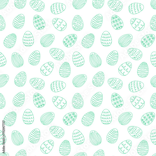 Seamless pattern of green Easter eggs with hand-drawn details. Continuous one line drawing. Isolated on white backdrop. Festive design. For Easter decoration, wrapping paper, greeting, textile, print