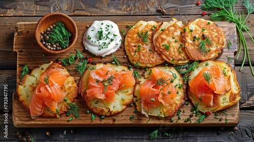 homemade pancakes cooked with potatoes. Rösti with sour cream, smoked salmon, and a rustic wooden backdrop. Swiss food prepared traditionally. photo