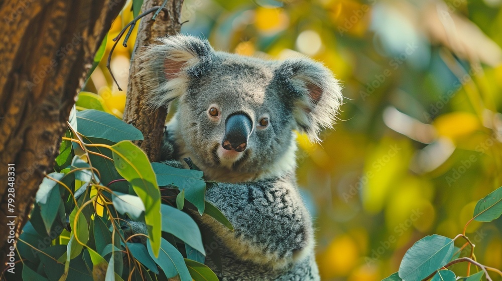 Obraz premium Koala bears sit on tree branches and munch on leaves.