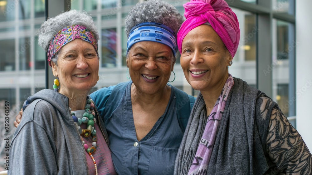 Three women of different ethnicities standing closely together outdoors in casual attire Three women of different ethnicities standing closely together outdoors in casual attire