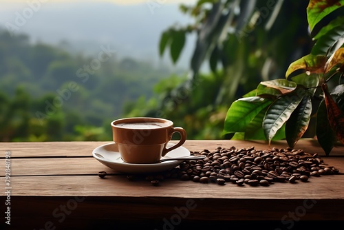 Coffee cup and coffee beans on wooden table with nature background