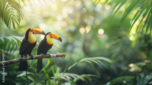 Two colorful toucan birds (Ramphastidae) on branches in the rainforest A few toucan birds and leaves of tropical plants on a blurred background. photo