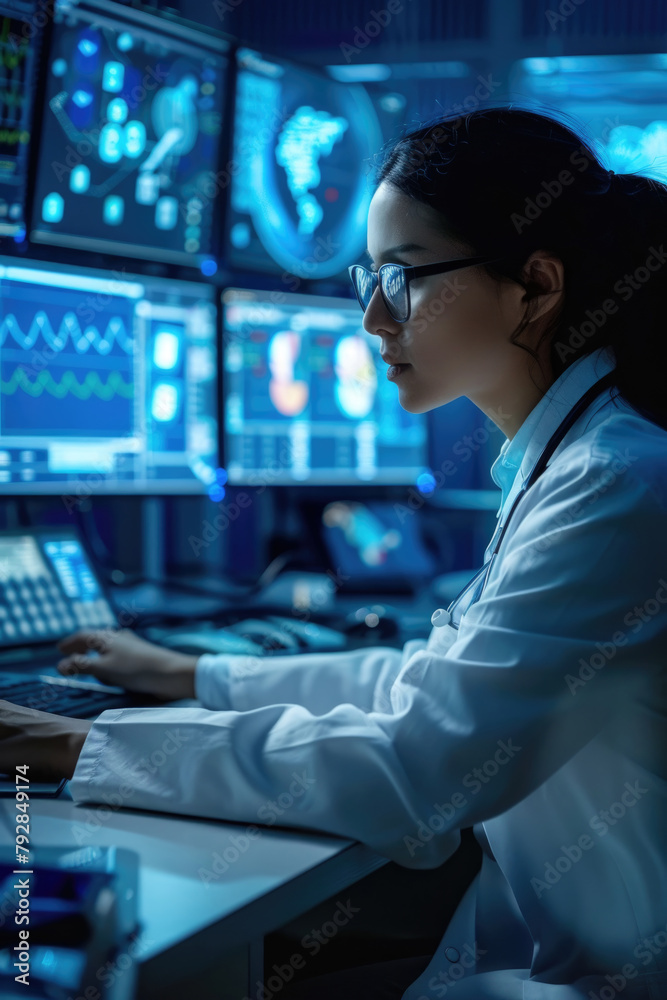 A female scientist in a white lab coat concentrating on her computer screen, analyzing data for research purposes