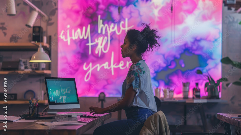 A woman sitting at a desk, focused on a computer screen in front of her, working diligently A woman sitting at a desk, focused on a computer screen in front of her, working diligently