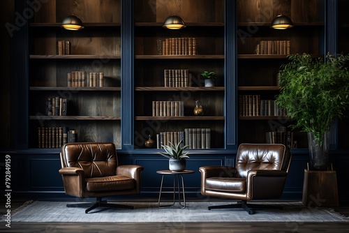 Interior of a modern living room with dark wooden walls, concrete floor, black leather sofas and bookshelf with books. 3d rendering © Creative