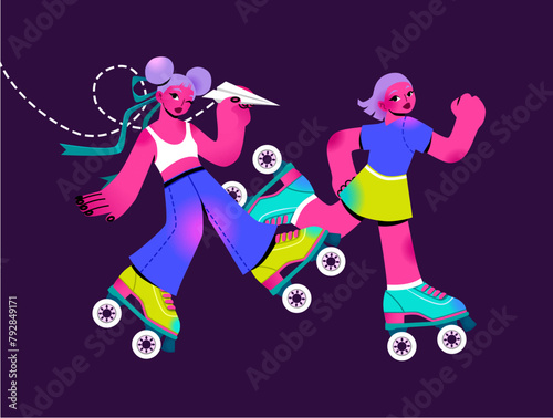 Girls on roller skates. Cartoon characters skaters girls. Teenagers having fun in the yard. Vector flat illustration.