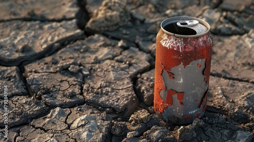 Rusty soda can on cracked ground.