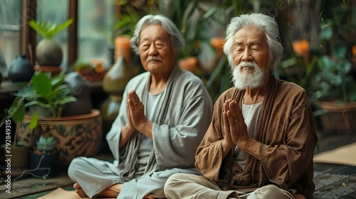 Seniors embracing tranquility and serenity through meditation © Maquette Pro