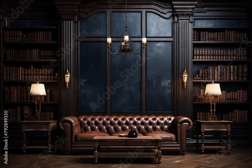 Wallpaper Mural Interior of a modern living room with dark wooden walls, concrete floor, black leather sofas and bookshelf with books. 3d rendering Torontodigital.ca