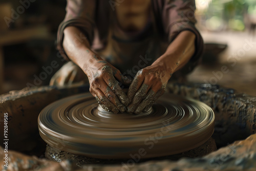 In a moment of serene focus - a potter's hands coax clay into form on a wheel - driven by a passion to create timeless art photo