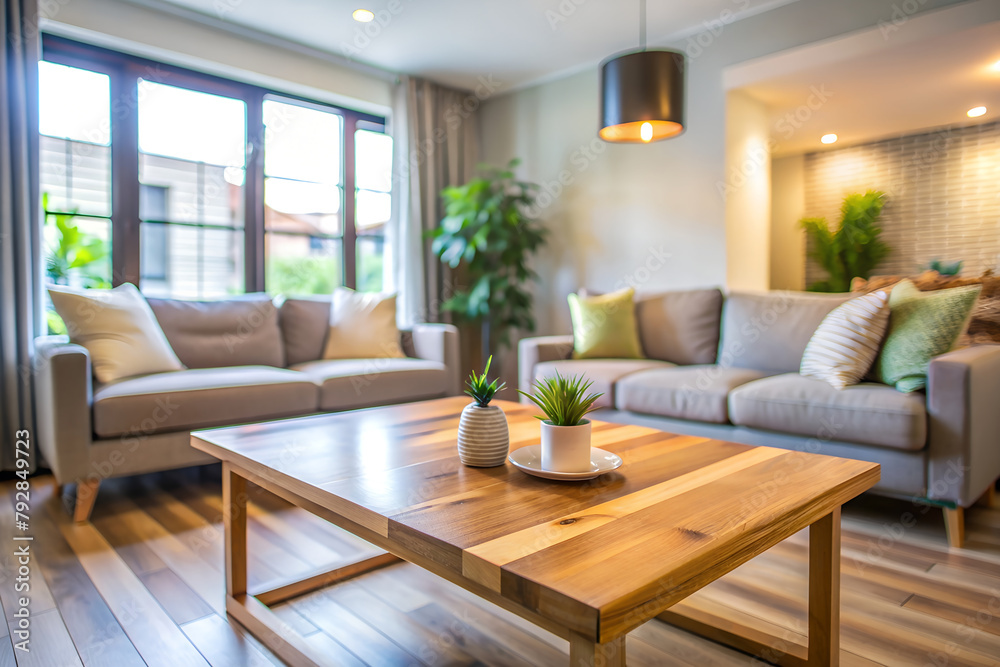 Fototapeta premium Living room with a couch and a table, blurred background, interior background.