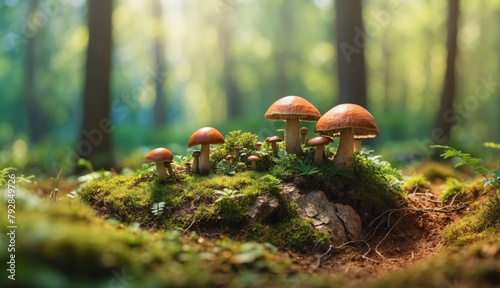 Mushrooms in he forest Miniature landscape, spring,  forest 3D stereoscopic effect