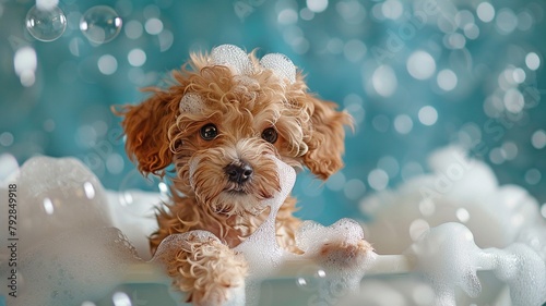 A playful poodle puppy in a little bathtub full of froth and bubbles from the soap. photo