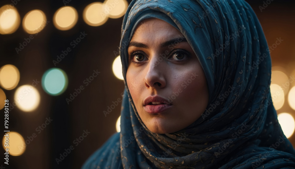 Beautiful woman draped in hijab, illuminated by a single light
Beautiful woman draped in hijab, illuminated by a single light