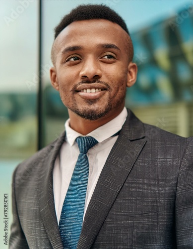 Empresário jovem negro bem sucedido em frente ao seu escritório photo