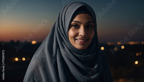 Beautiful woman draped in hijab, illuminated by a single light