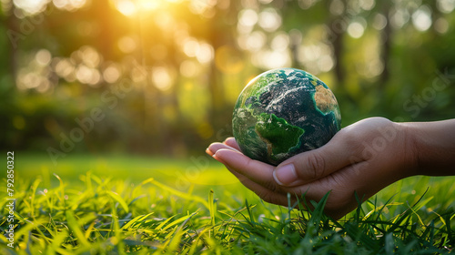 Hand holding earth on green grass, ESG, Environement care