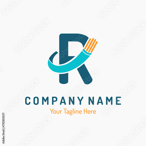 Initial Letter R with Fiber Optic, Electric Wire for Technology Business Logo Idea. Connection, Cabling Provider Repair Logo Vector