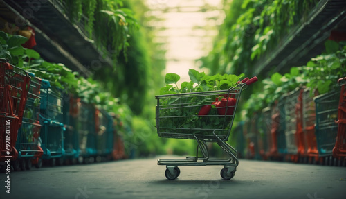 Shopping cart filled with green plants with green nature in the background, eco awareness

 photo