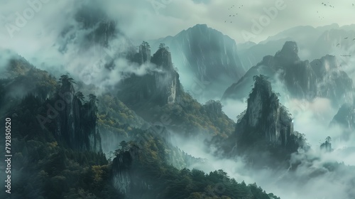 This is a picture of a misty mountain landscape with mist and traces of the sunset.