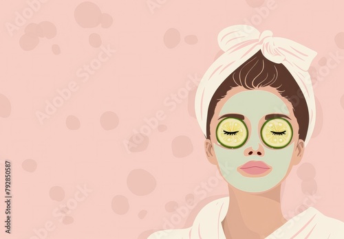 Young woman with facial mask and towel wrapped around head in a beauty treatment spa setting