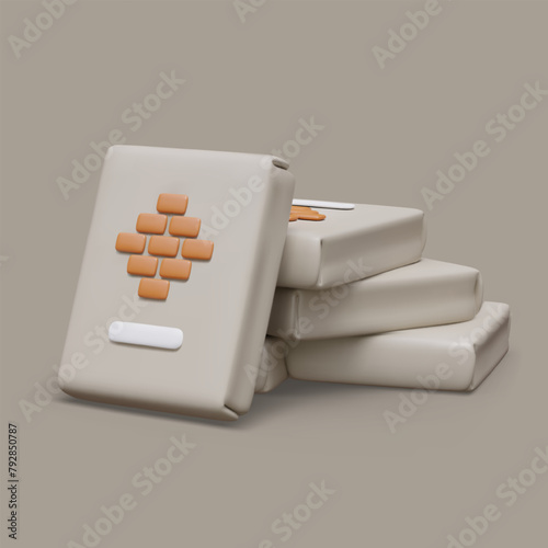 Pile of bags with cement, putty, dry adhesive mixture. Packages with decorative tiles