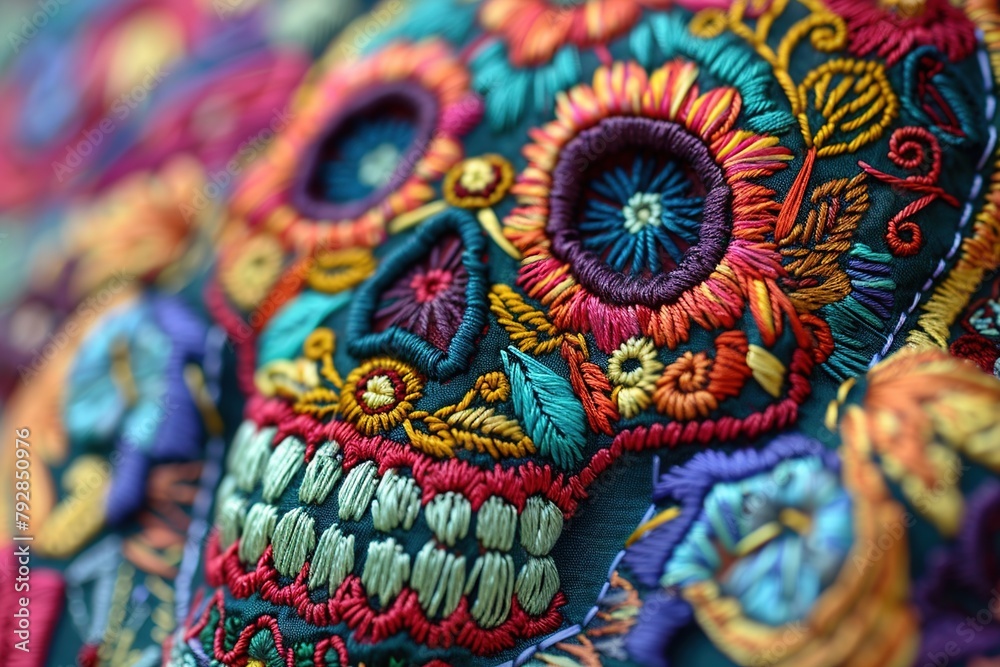 Macro view of a colorful 3d intricately carved embroidered art, skull mexican traditional style, golden thread