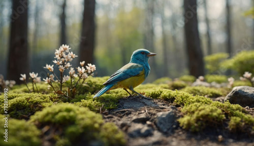 Spring miniature forest landscape with a beautiful colorful bird © Mystery
