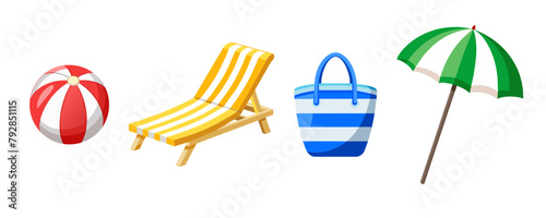 Beach set. chaise longue, umbrella, bag, ball on an isolated white background.