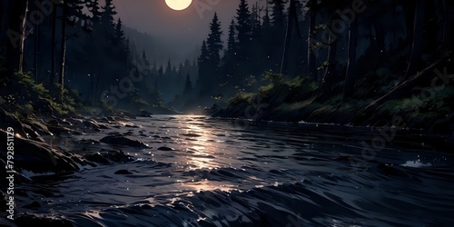 Lake landscape, black background, anime wallpaper photo