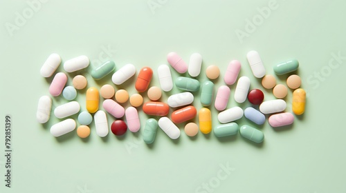 Array of multivitamin tablets arranged neatly on a pastel green background, dietary supplements concept