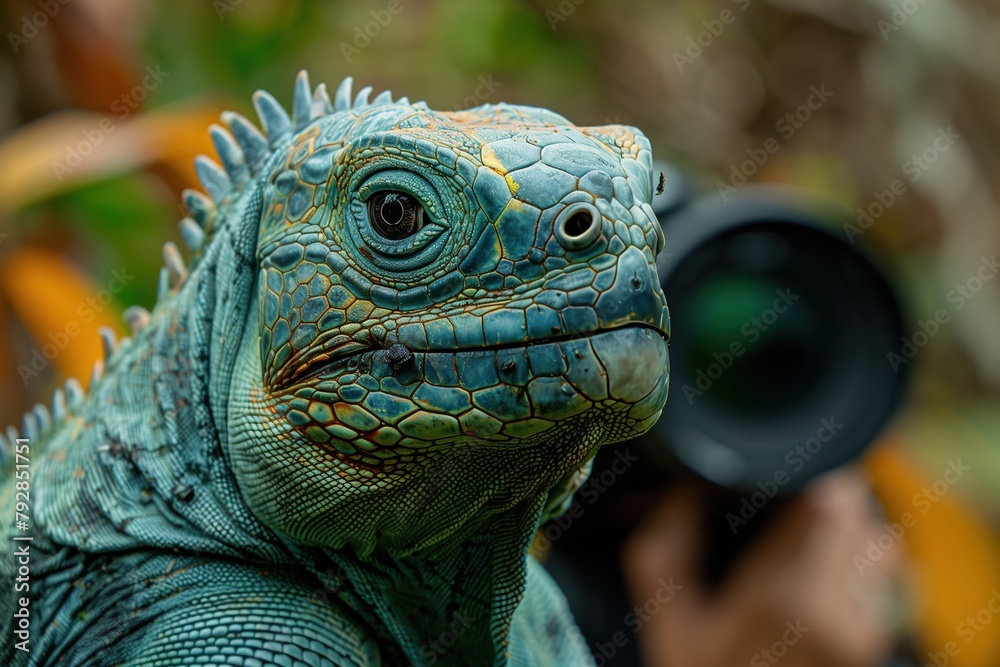 Fototapeta premium Lizard Close-Up With Camera in Background
