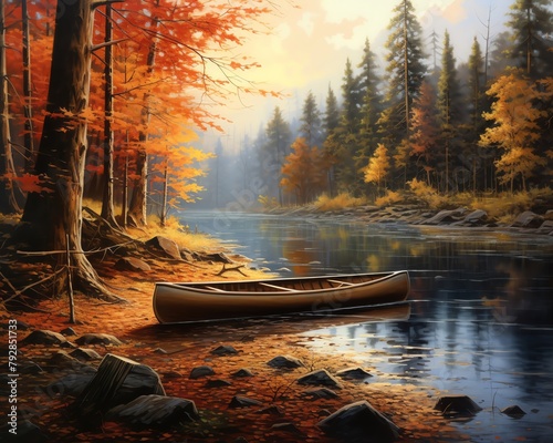Canoe resting by a forested riverbank, autumn colors in the trees, peaceful exploration theme photo