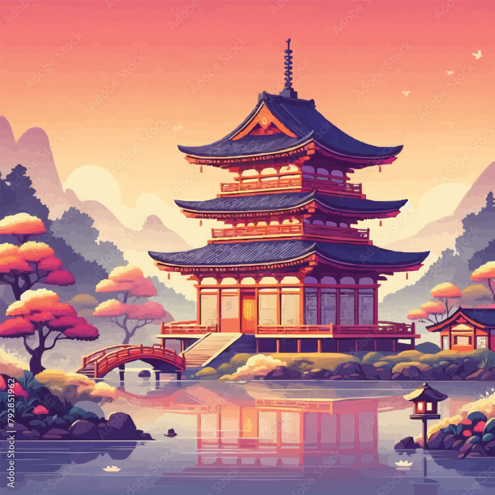 free vector Gradient japanese temple with lake