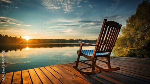 Classic rocking chair on a wooden deck, facing a tranquil lake at sunset, concept of relaxation and contemplation
