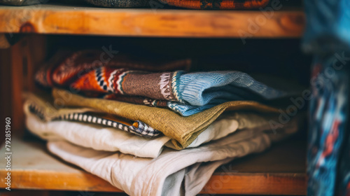 clothes folded in a stack lie on a closet shelf, wardrobe, clothing storage, care