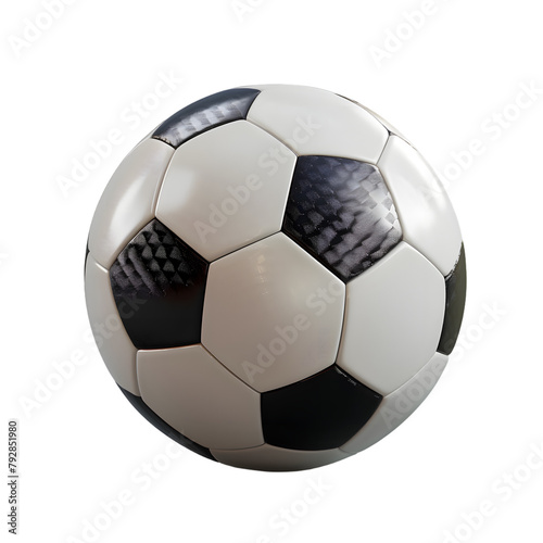 A realistic soccer ball with a shadow, indicating light source from the top right, on a transparent background.