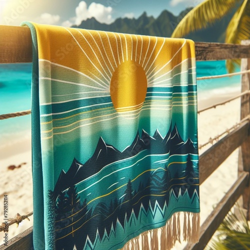 Toalla con un diseño gráfico colgada en una barandilla de madera frente a una playa tropical. photo