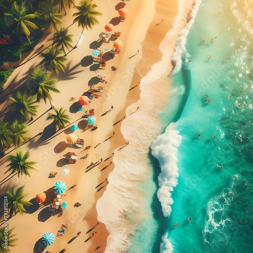 Playa tropical desde una vista aérea al atardecer con bañistas tomando el sol en la playa con olas y disfrutando de sus vacaciones bajo la sombra de sus sombrillas y palmeras. photo