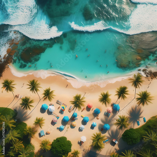 Playa tropical desde una vista aérea al atardecer con bañistas tomando el sol y bañándose entre las olas en la playa y disfrutando de sus vacaciones bajo la sombra de sus sombrillas y palmeras. photo