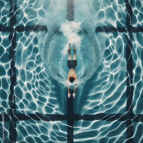 Un hombre nadando en posición vertical bajo el agua clara y azul de una piscina con causticas.
 photo