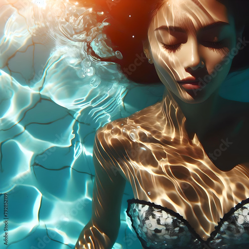 Una mujer con los ojos cerrados bajo el agua clara y azul de una piscina con causticas. photo