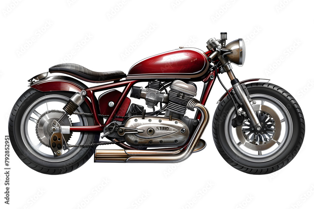 A detailed rendering of a motorcycle, classic design, isolated with a transparent background for vehicle enthusiasts.