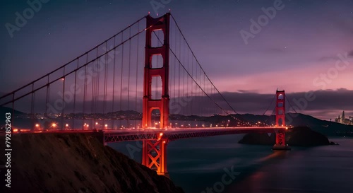 Golden Gate Bridge at sunset.	

