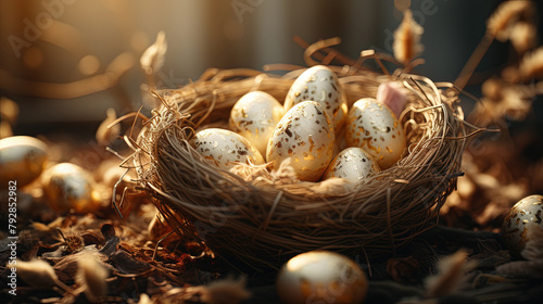 Beautiful Seasonal Easter Eggs In The Nest During Sunrise Selective Focus