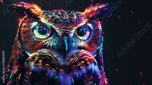 Photo of an owl. Abstract image. Neon. Graphic image of an owl in pop art style on a black background.